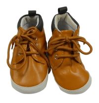 Medovo-tmavošedo-bílé koženkové kotníčkové capáčky s medvídkem vel. 17