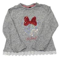 Šedo-bílo-černý melírovaný úpletový svetr s Minnie z flitrů a krajkovým volánkem PRIMARK