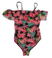 Černo-neonově růžové květované jednodílné plavky s volánem a listy Primark
