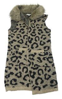 Hnědý svetrový cardigan s leopardím vzorem a kožešinou Primark