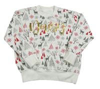 Bílá puntíkatá mikina se stromky a soby