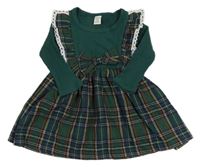 Tmavozeleno-kostkované šaty s mašlí Shein