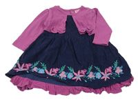 Tmavomodro-fuchsiové manšestrové šaty s výšivkami květů a bolerkem