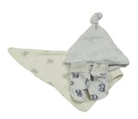 3set - Světlešedá pruhovaná bavlněná čepice + šedo-bílé pruhované rukavičky se slony + krémový slinták s koalami