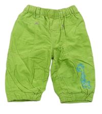 Zelené manšestrové podšité kalhoty s žirafou