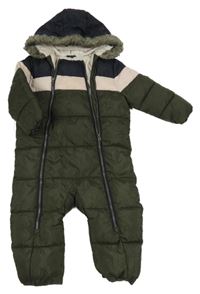 Khaki-tmavomodro-růžová šusťáková zimní kombinéza s kapucí F&F