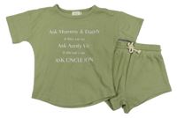 2set - Khaki žebrované tričko s nápisem + kraťasy