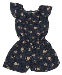Tmavomodrý puntíkatý lehký kraťasový overal s květy a volánem Name it