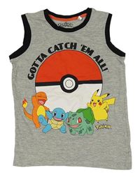 Šedé melírované tílko s Pokémony a Pokéballem