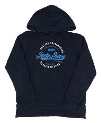 Tmavomodrá mikina s nápisem a kapucí Jack & Jones
