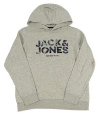 Šedá melírovaná mikina s logem a kapucí Jack & Jones