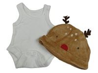 2 set - bílé body + hnědá sametová čepice - sob 