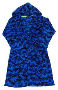 Modro-černý vzorovaný chlupatý župan s kapucí