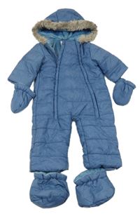 Modrá puntíkatá šusťáková zimní kombinéza s kapucí + boty 