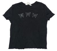 Černé crop žebrované tričko s kamínky H&M