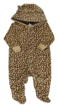 Hnědo-béžová leopardí sametová kombinéza s kapucí 