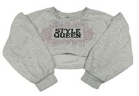 Světlešedá melírovaná crop mikina s nápisem a kamínky Matalan
