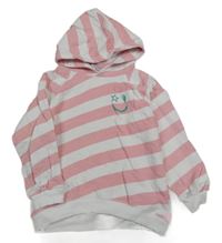 Bílo-růžová pruhovaná mikina se smajlíkem a kapucí 