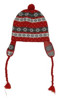 Červeno-šedo-bílá čepice s norským vzorem a bambulí 