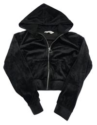Černá sametová propínací crop mikina s kapucí H&M