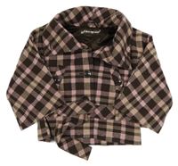 Hnědo-růžový kostkovaný vlněný třpytivý crop kabát s páskem Matalan