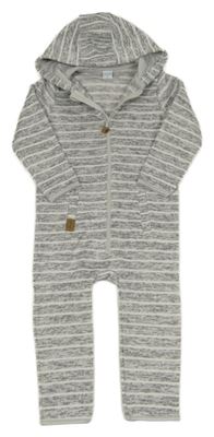 Šedo-bílá pruhovaná melírovaná pletená kombinéza s kapucí 