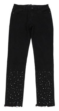Černé elastické skinny rifle s kamínky 