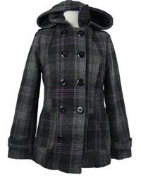 Dámský černo-šedo-růžový kostkovaný vlněný kabát s kapucí Fishbone 