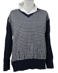 Dámský tmavomodro-bílý vzorovaný svetr s límečkem Gerard 