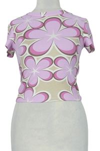 Dámské růžovo-béžové květované crop tričko Bershka 
