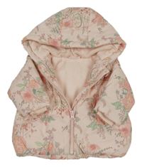 Světlerůžová květinová šusťáková zimní bunda s kapucí Next