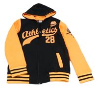 Černo-neonově oranžová propínací mikina s nápisem a kapucí