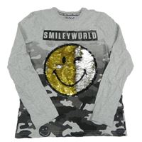 Šedo-army triko se smajlíkem z flitrů 