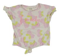 Bílé tričko s růžovými motýly a nápisem C&A