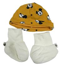 2set - hořčicová bavlněná čepice s Mickeym + sametové capáčky 