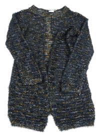 Tmavomodro-bílo-okrový pleteno/chlupatý cardigan Name it