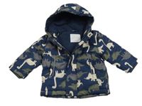 Tmavomodrá šusťáková zimní bunda s dinosaury a kapucí Primark