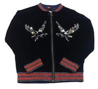 Tmavomodrá sametová podšitá bunda s ptáčky Mini Boden