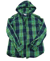 Tmavomodro-zelená kostkovaná košile s nápisem a kapucí Yigga