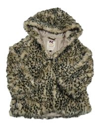 Béžovo-černá leopardí kožešinová podšitá bunda s kapucí 