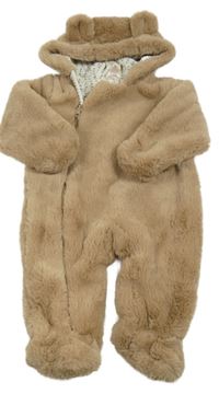 Béžová chlupatá zateplená kombinéza s kapucí 