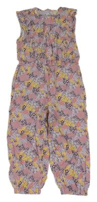 Růžovo-barevný květovaný lehký kalhotový overal