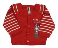 Červený propínací svetr s medvídkem a proužky Orchestra