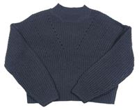 Tmavomodrý žebrovaný pletený oversize crop svetr New Look