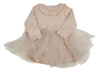 Světlerůžové svetrovo/třpytivě tylové šaty s mašlí a volánkem F&F