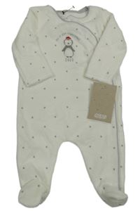 Nové - bílo-světlešedý sametový overal s tučňáčkem a hvězdičkami Mamas&Papas