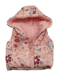 Růžová prošívaná šusťáková zateplená vesta s kytičkami a volánkem a kapucí George