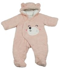 Světlerůžová chlupatá zateplená kombinéza s medvídkem a kapucí s oušky 