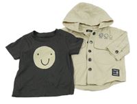 2Set - Světlebéžová riflová košilová bunda se smajlíky a kapucí + tmavošedé triko Next