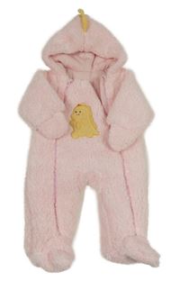 Světlerůžová huňatá zateplená kombinéza s dinosaurem a kapucí
